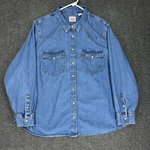Levis Denim Pearl Snap Shirt Womens 3X Blue Western Rodeo Cowgirl